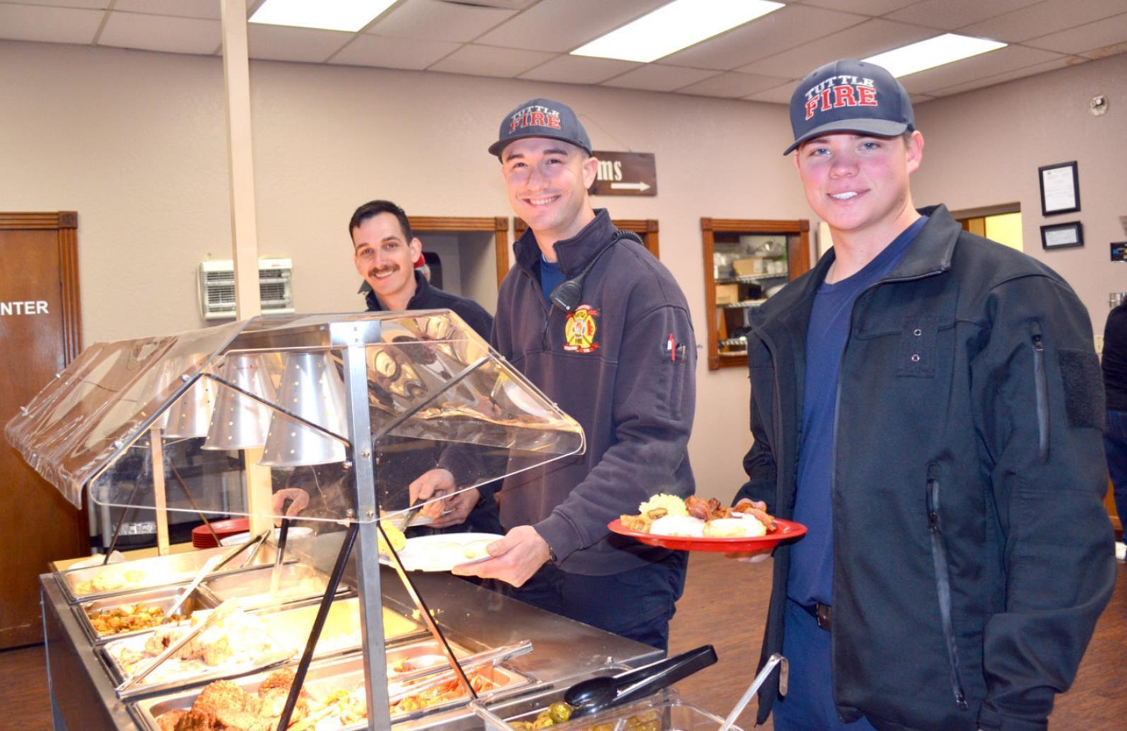 Partaking of the new Breakfast Bar offering at Brush Creek BBQ &amp;amp; Catfish are Tuttle firefighters William Sparks, Logan Fertic, and Jace Moudy. They were at the Newcastle restaurant on Friday morning. • photo by Mark Codner