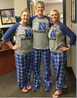 RIGHT: Natalee Godfrey, Nikki McCann and Jennifer Beer show their school spirit by dressing up in their PJ’s for Candy Land/Sweet Dreams Day .